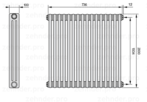 Схема (чертеж) Радиатор Zehnder Charleston 3200/16 №7610 Белый глянцевый RAL 9016